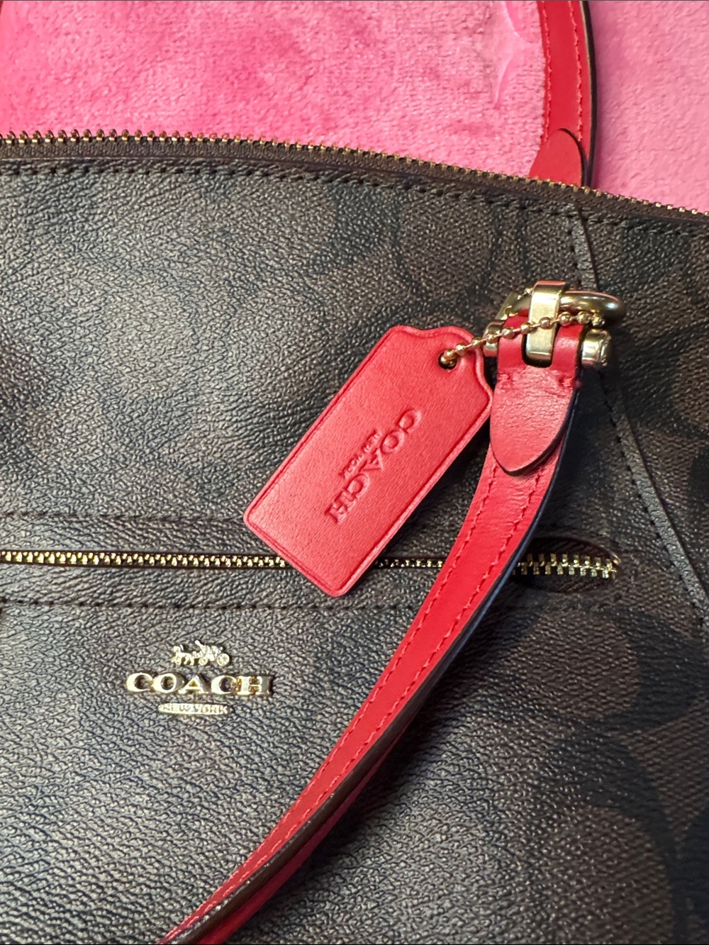 NWOT Coach Prairie Satchel Signature Canvas Brown Red Trim Cherry charm - Picture 3 of 11